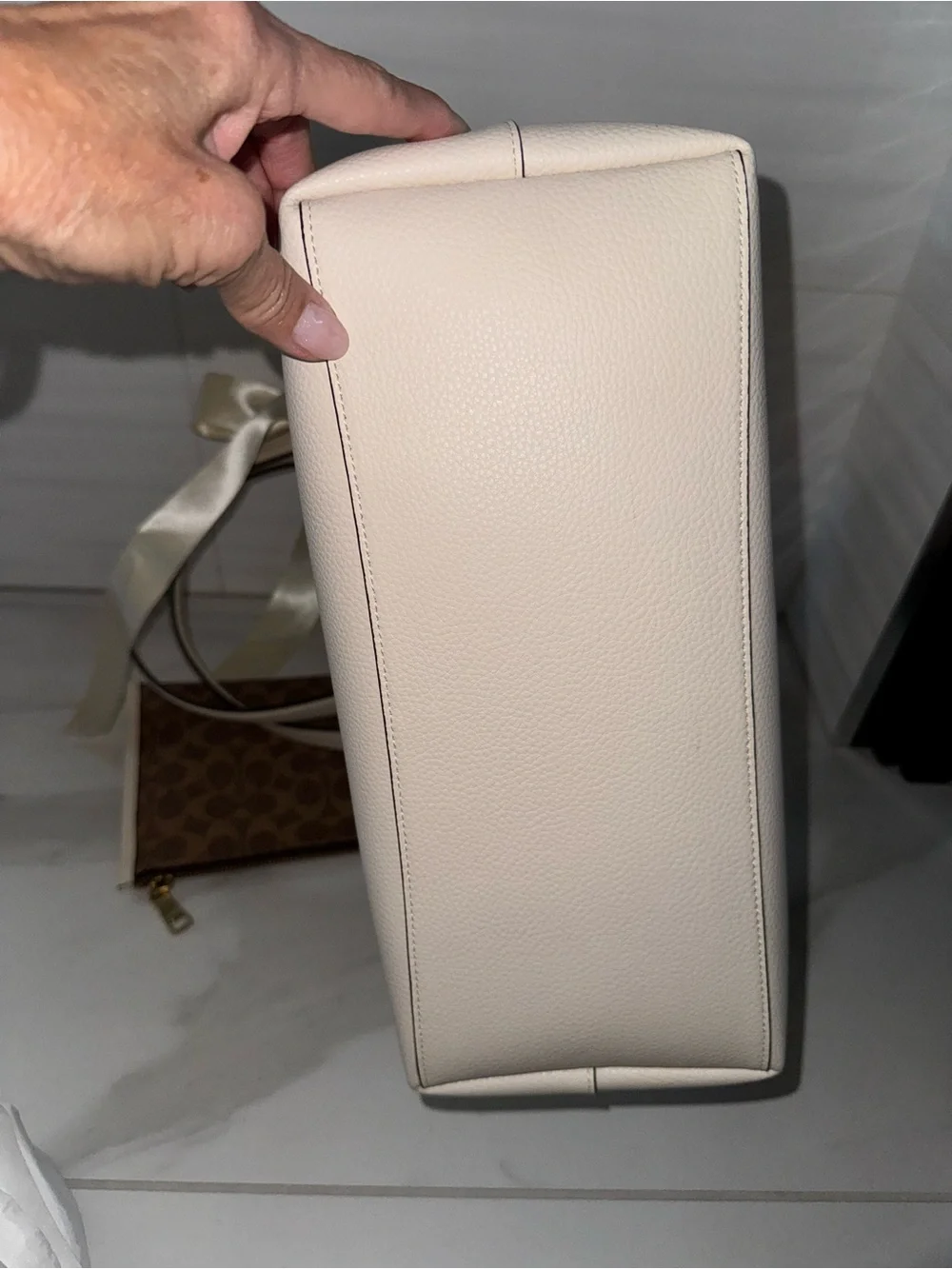 Coach Chalk Pebbled Leather Tote with Signature Brown Pouch